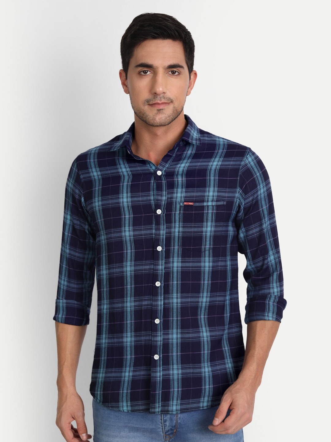 

DEZANO Men Navy Blue Comfort Checked Casual Cotton Shirt