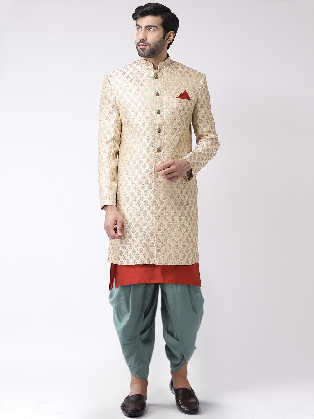 

KISAH Men Cream Coloured & Red Ethnic Motifs Indowestern Sherwani Set