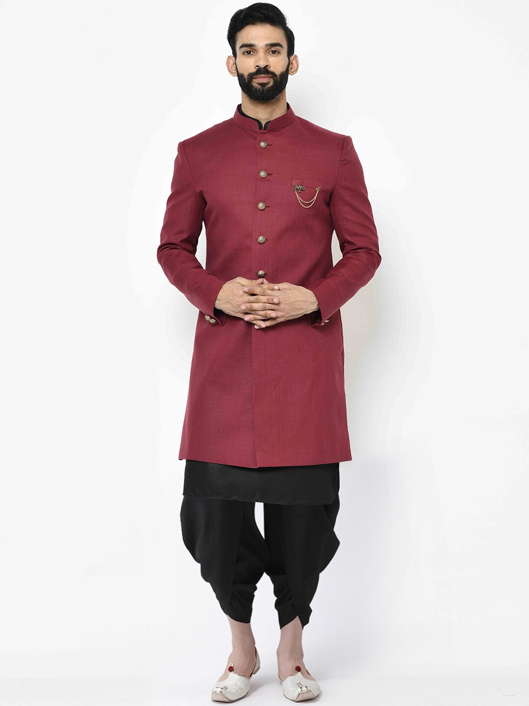 

KISAH Men Maroon Solid Cotton Indowestern Sherwani Set