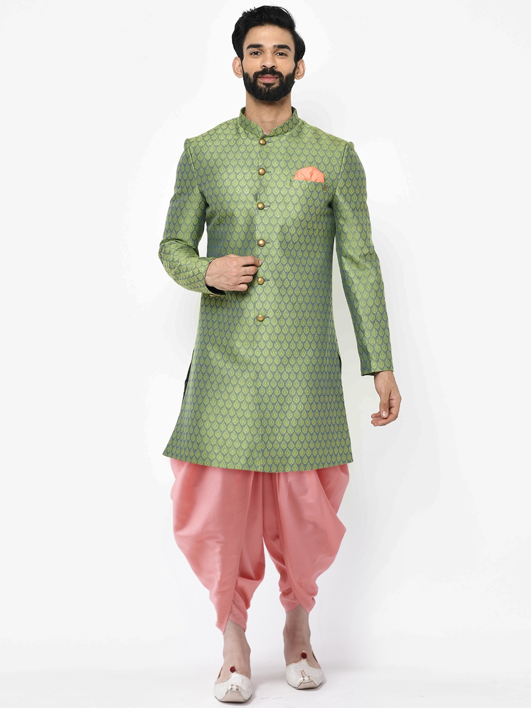 

KISAH Men Green Printed Cotton Indowestern Sherwani Set, Black