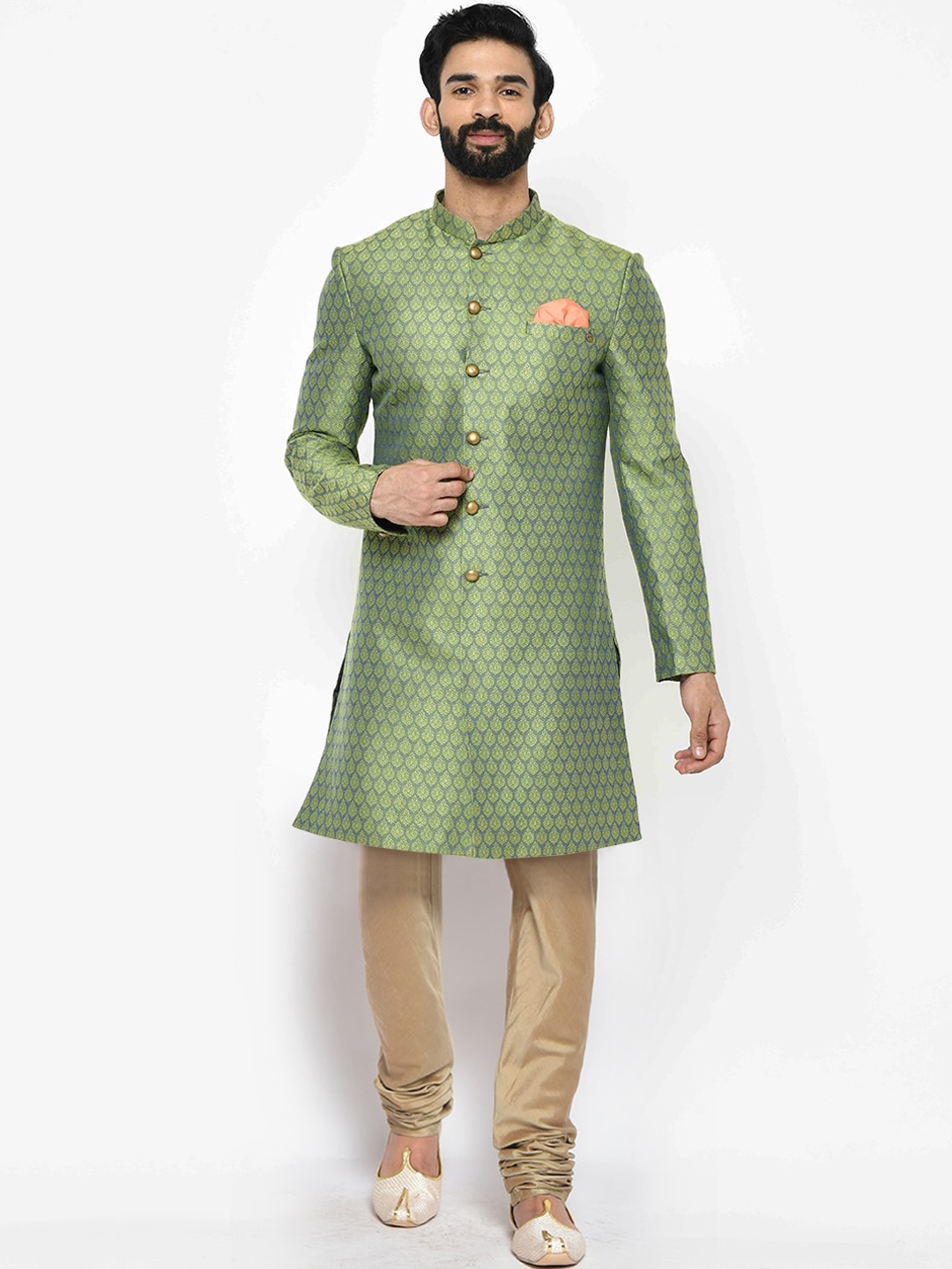 

KISAH Men Ethnic Motifs Jacquard Indowestern Sherwani with Churidar Set, Green