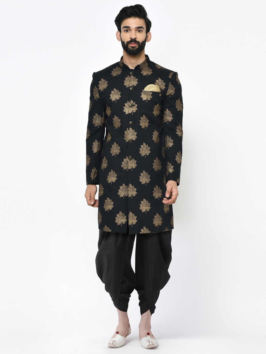 

KISAH Men Black Printed Cotton Sherwani Set