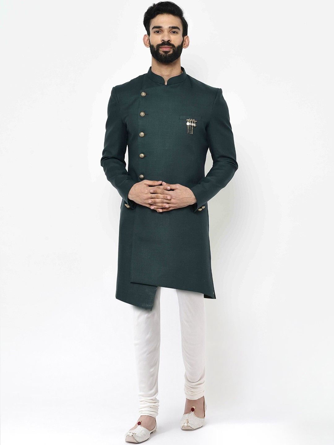 

KISAH Men Solid Cotton Indowestern Sherwani Set, Olive