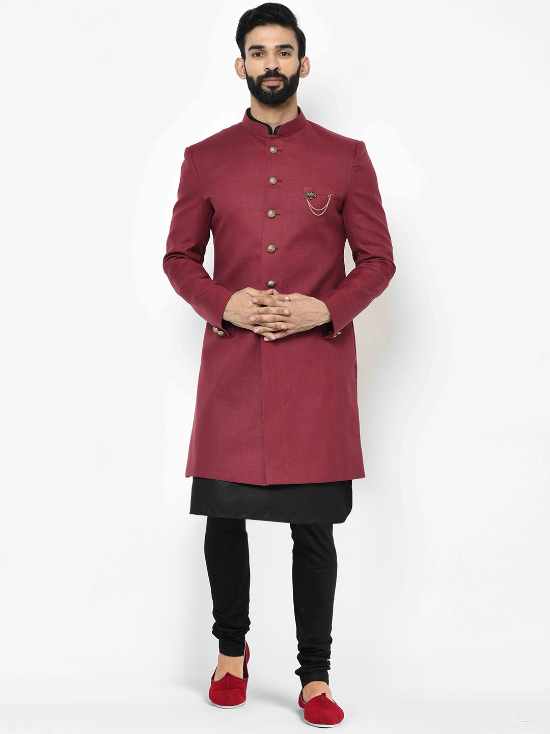 

KISAH Men Cotton Indowestern Sherwani with Churidar Set, Maroon