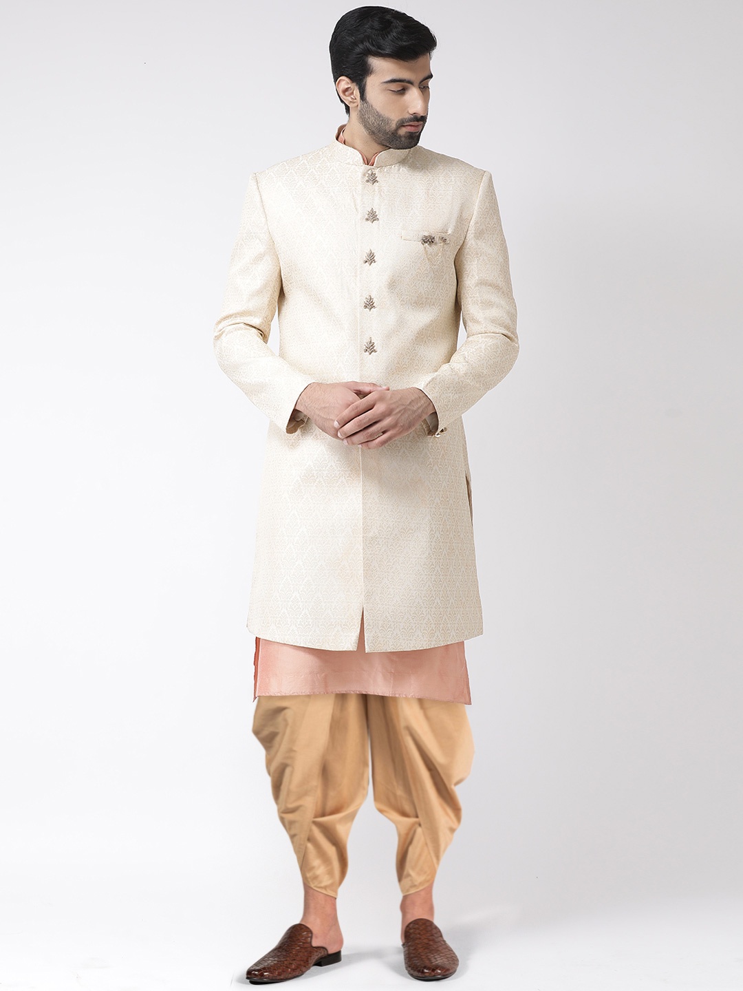 

KISAH Men Cream Self-Design Kurta Sherwani Set