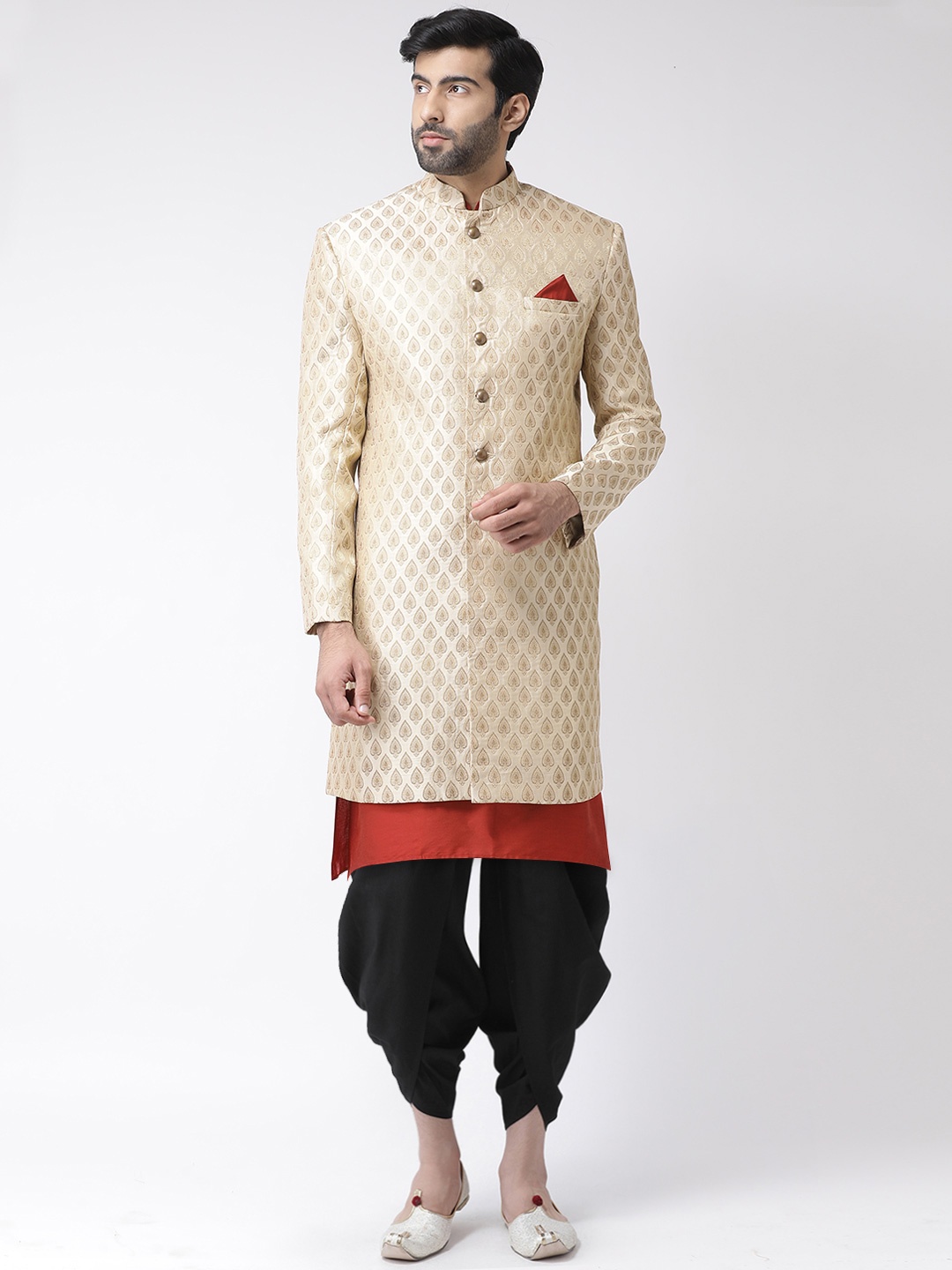 

KISAH Men Cream-Coloured Self-Design Sherwani Set