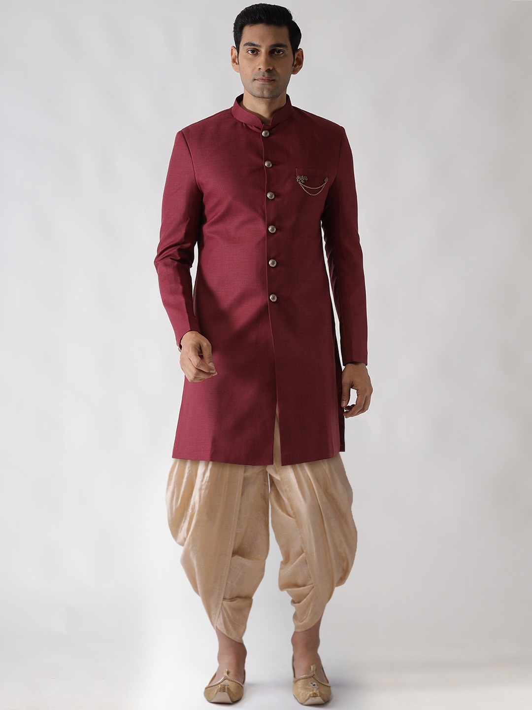 KISAH Men Maroon & Cream-Colored Solid Cotton Sherwani Set