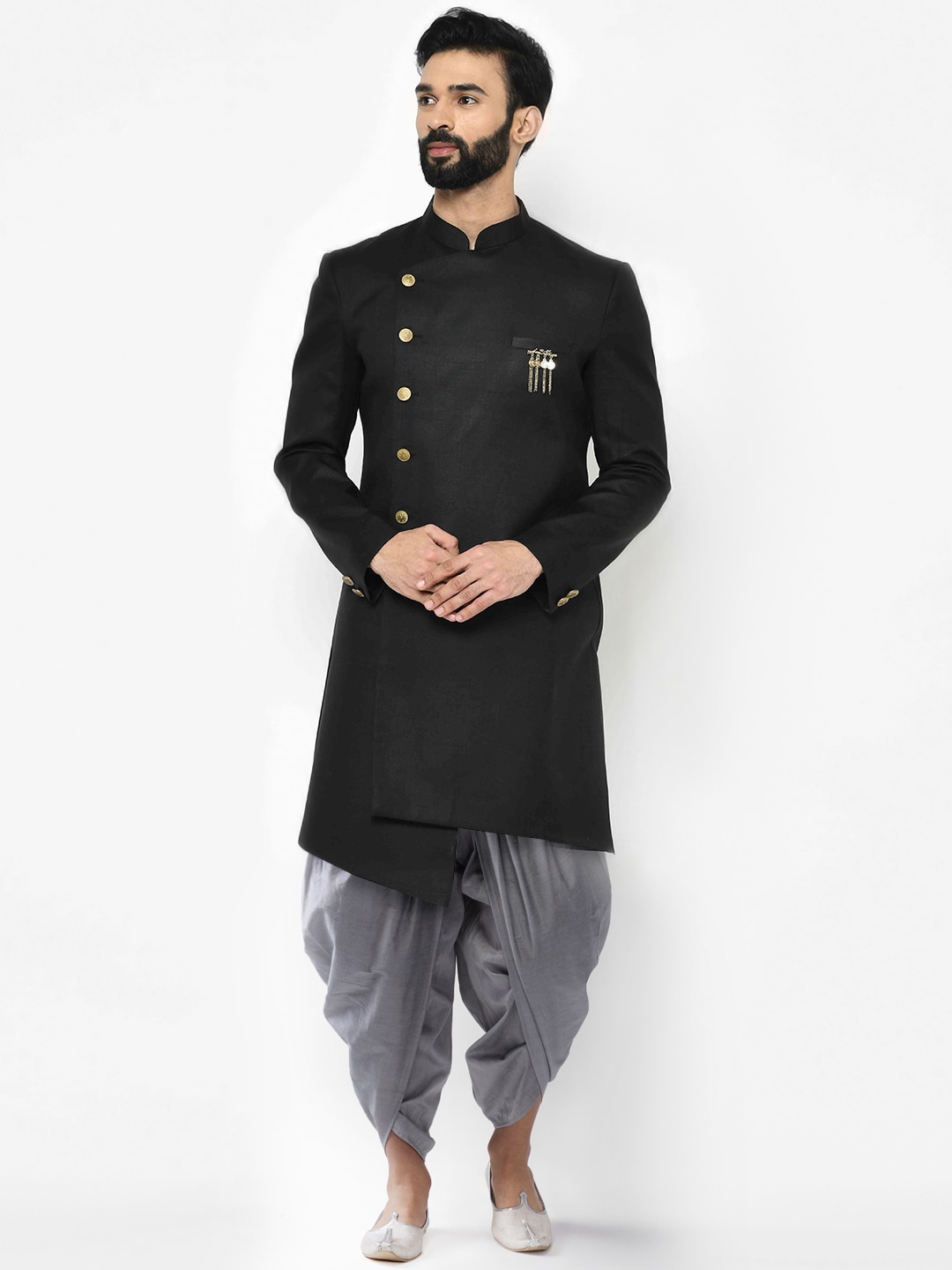 

KISAH Men Black & Grey Solid Cotton Sherwani Set