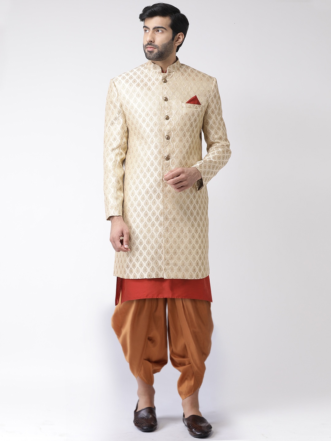 

KISAH Men Cream Kurta Sherwani Set