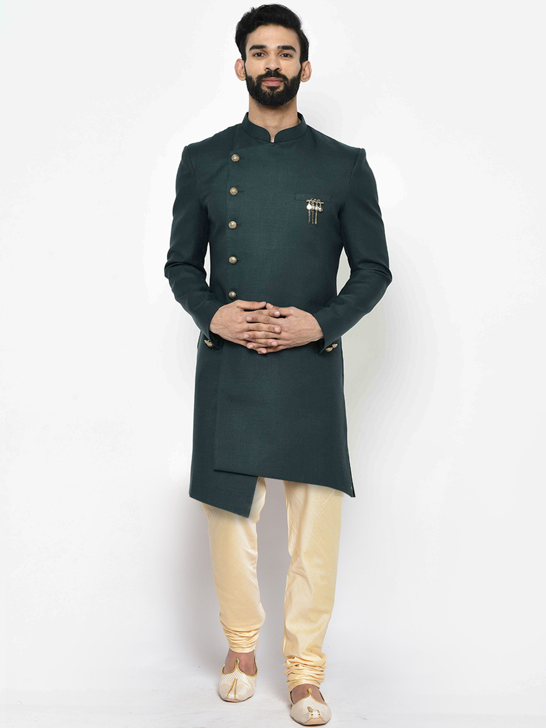 

KISAH Men Olive Solid Sherwani Set