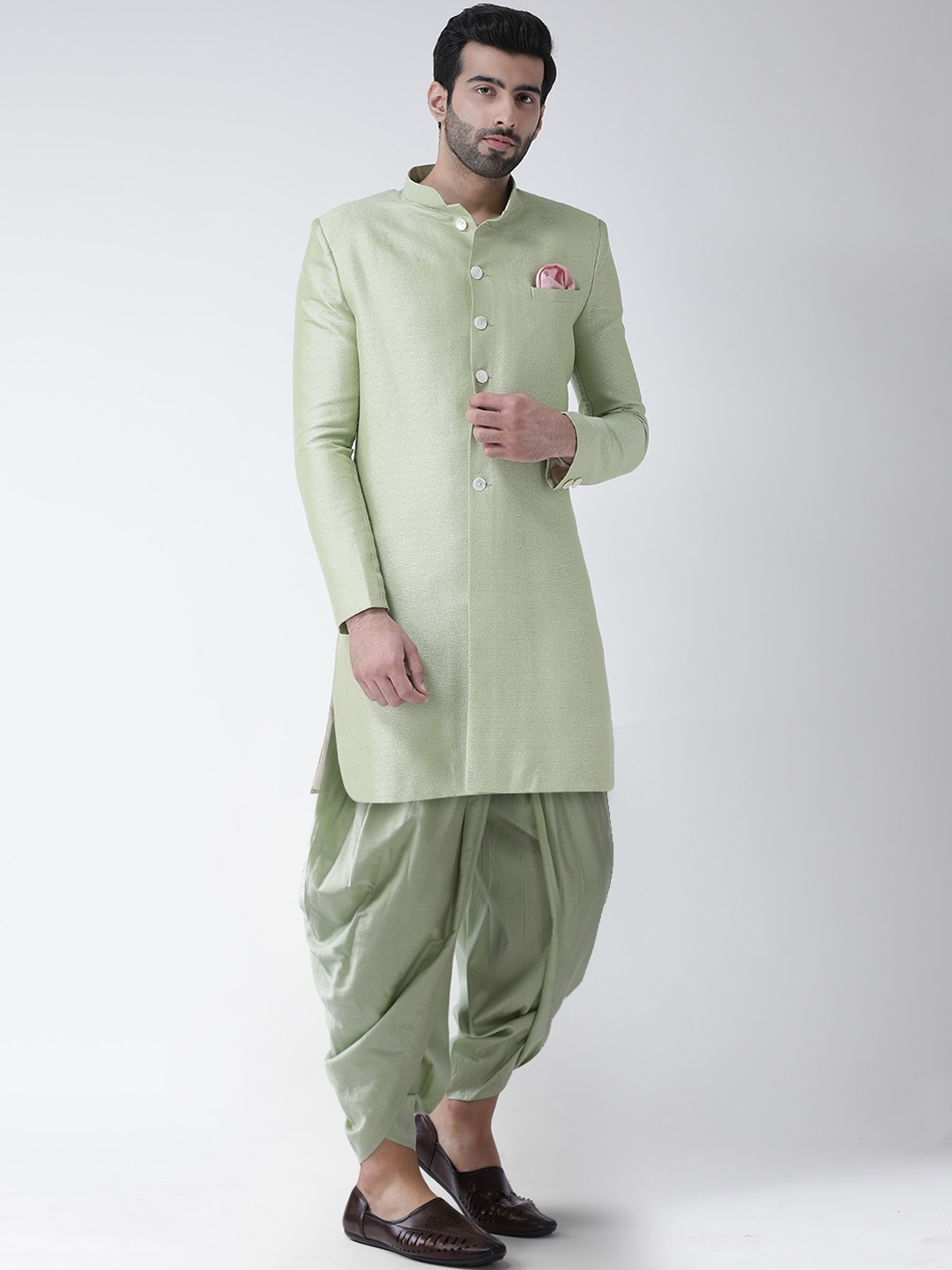 

KISAH Men Solid Cotton Indowestern Sherwani Set, Green