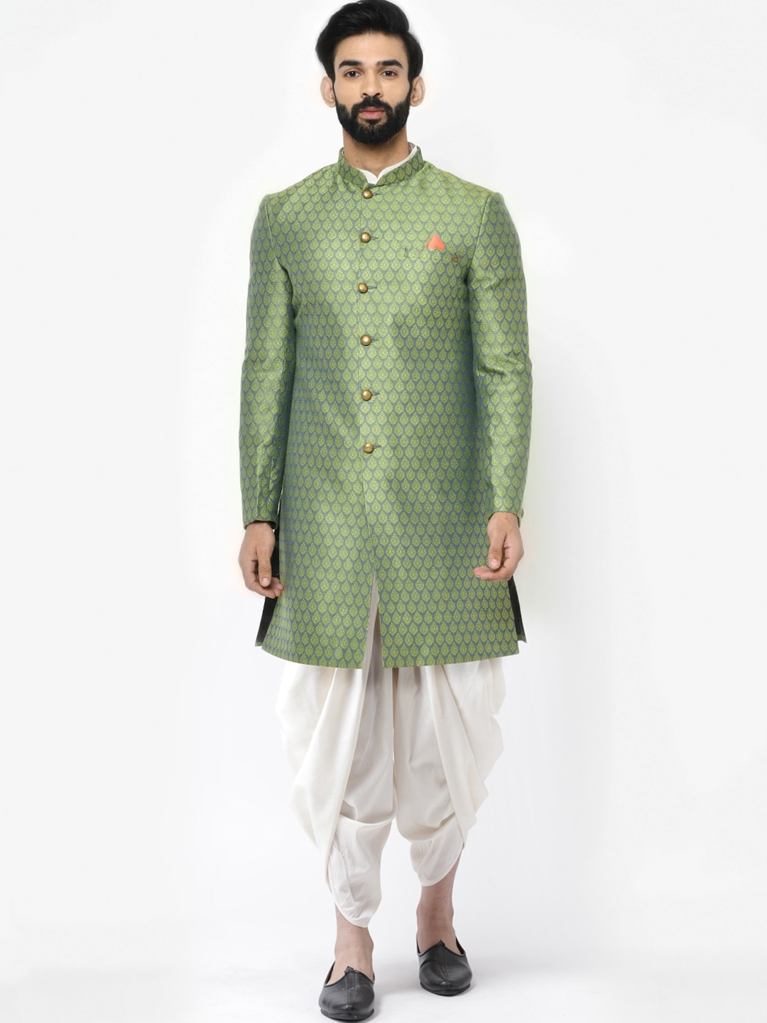 

KISAH Men Green Woven-Design Cotton Sherwani Set