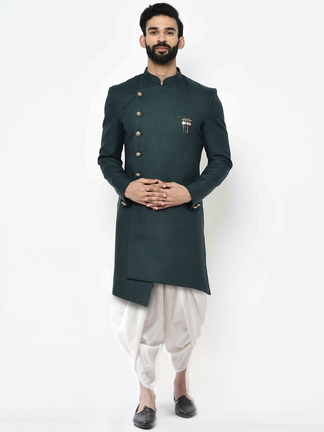 

KISAH Men Olive-Green & White Solid Cotton Sherwani Set