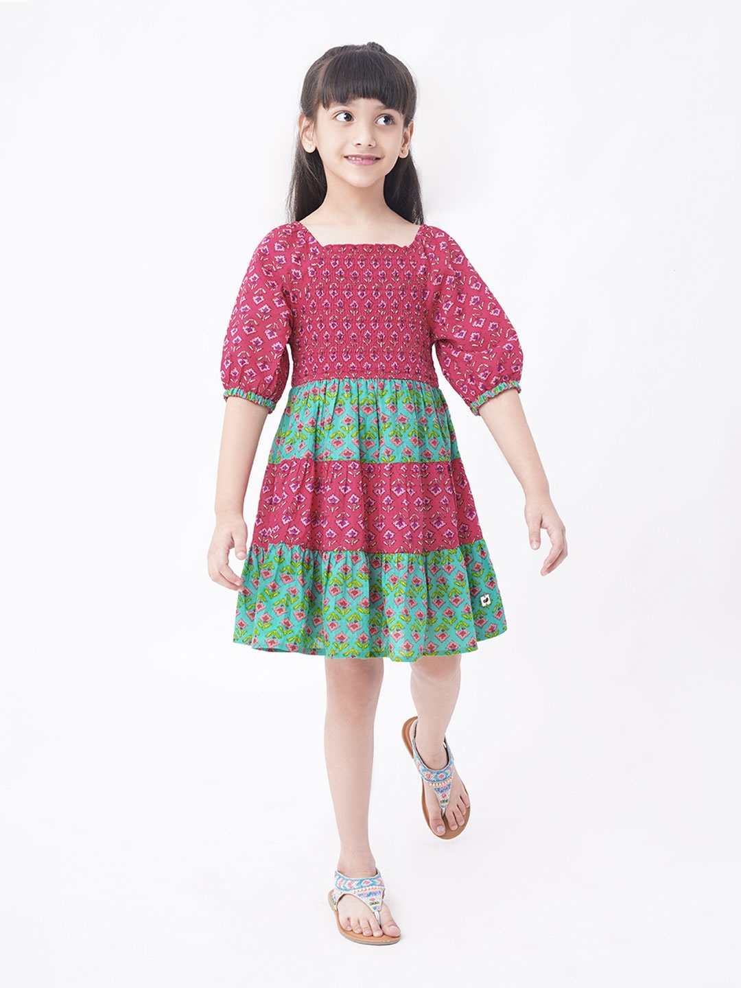 

Ed-a-Mamma Girls Pink & Green Floral A-Line Dress