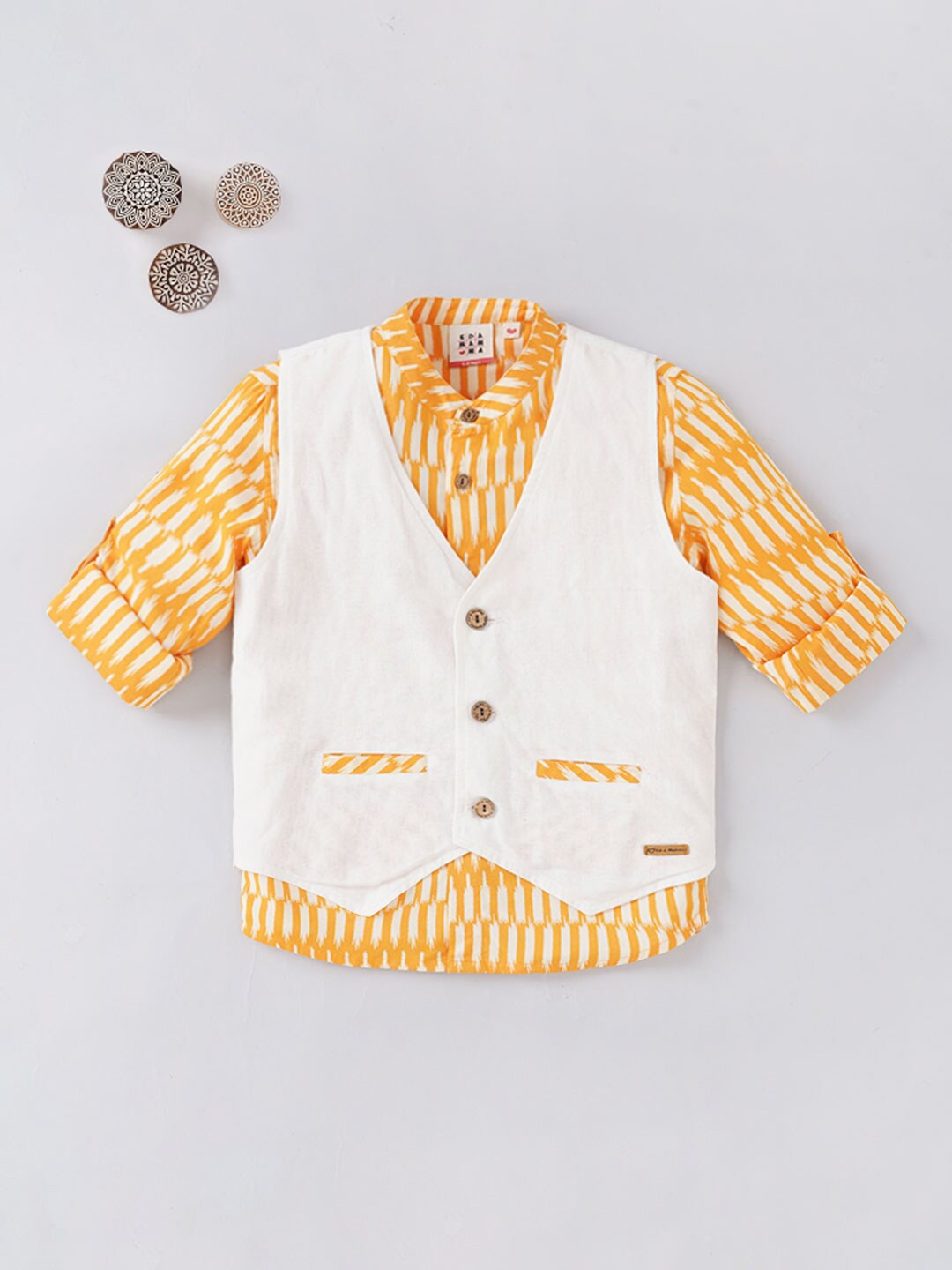 

Ed-a-Mamma Boys Yellow & white Striped Casual Shirt With Jacket