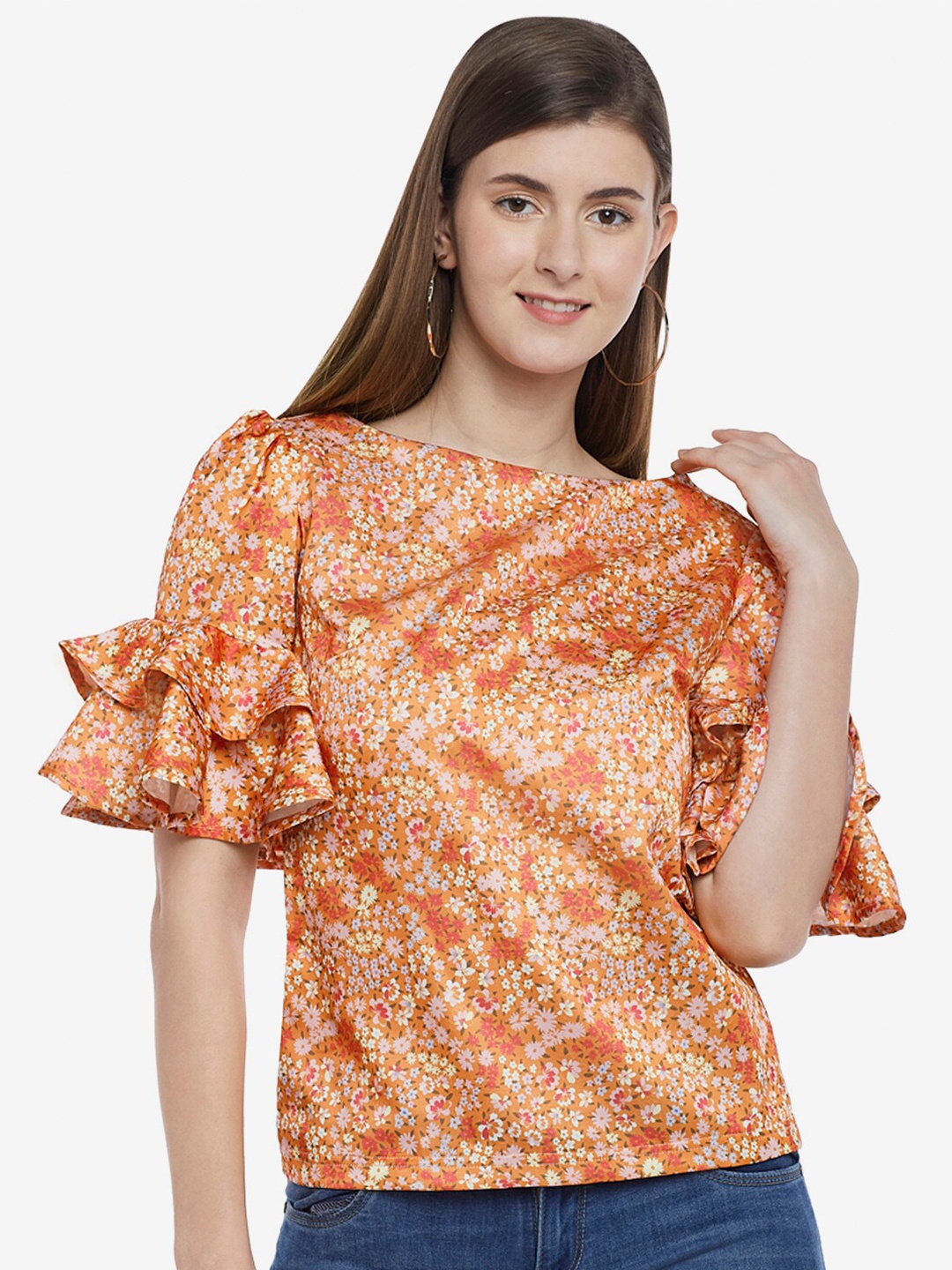 

Emmyrobe Orange & White Floral Print Ruffles Top