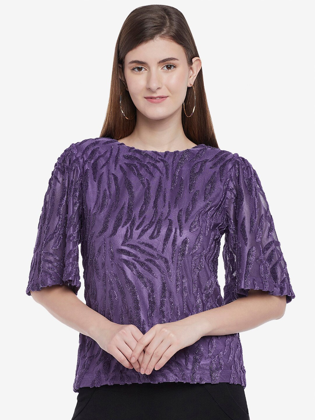 

Emmyrobe Women Purple Self Design Boat Neck Top