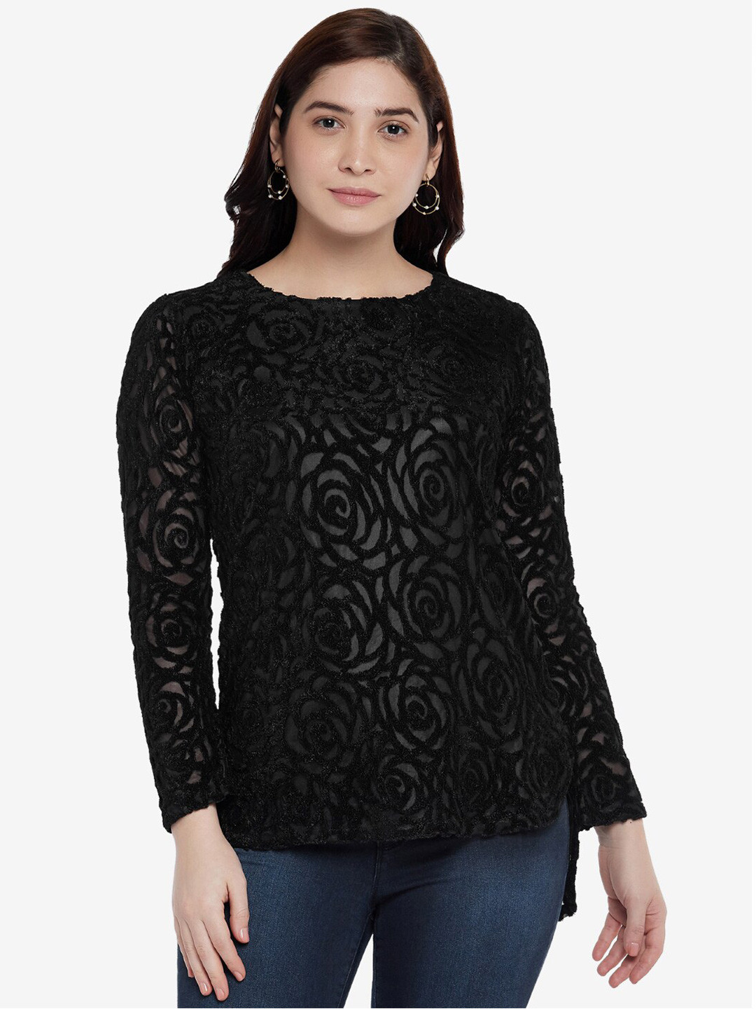 

Emmyrobe Women Black Self Design High Low Top