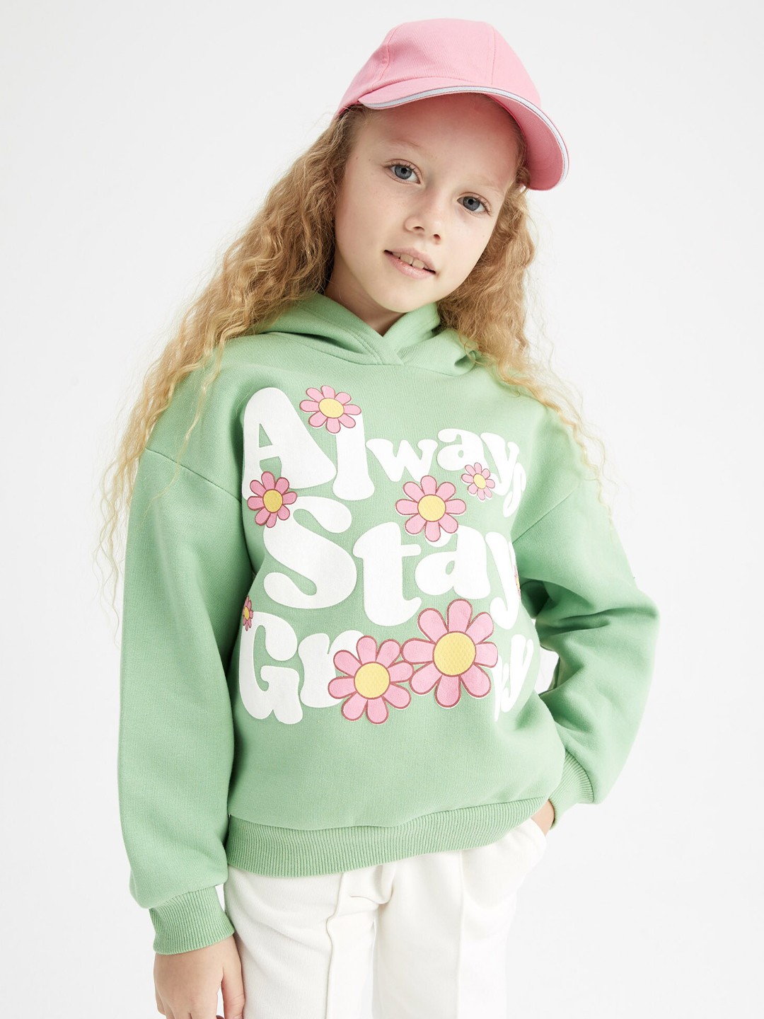 

DeFacto Girls Green Printed Hooded Sweatshirt