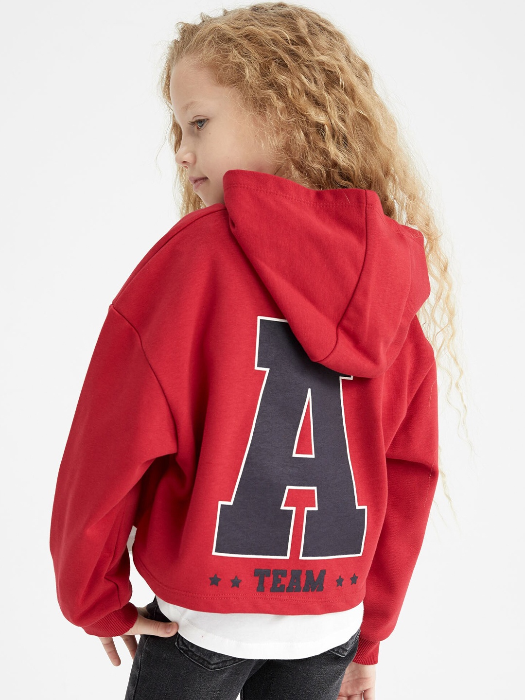 

DeFacto Girls Red & Navy Blue Typography Printed Cotton Hooded Sweatshirt