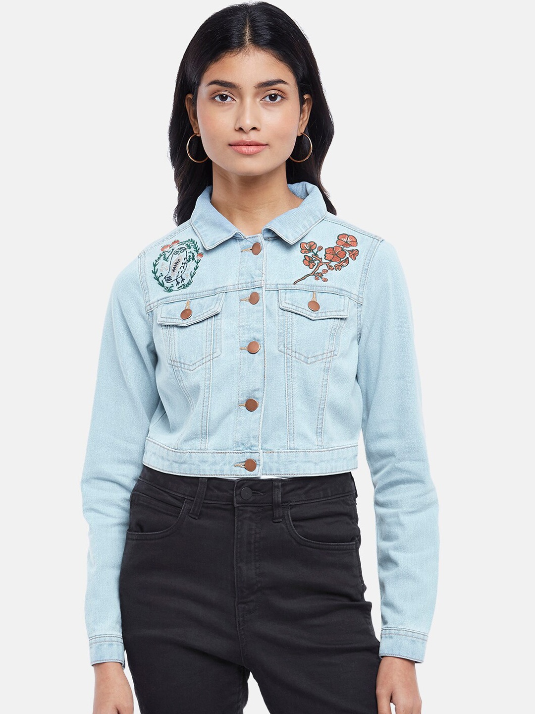 

Honey by Pantaloons Women Blue Pink Floral Crop Denim Jacket
