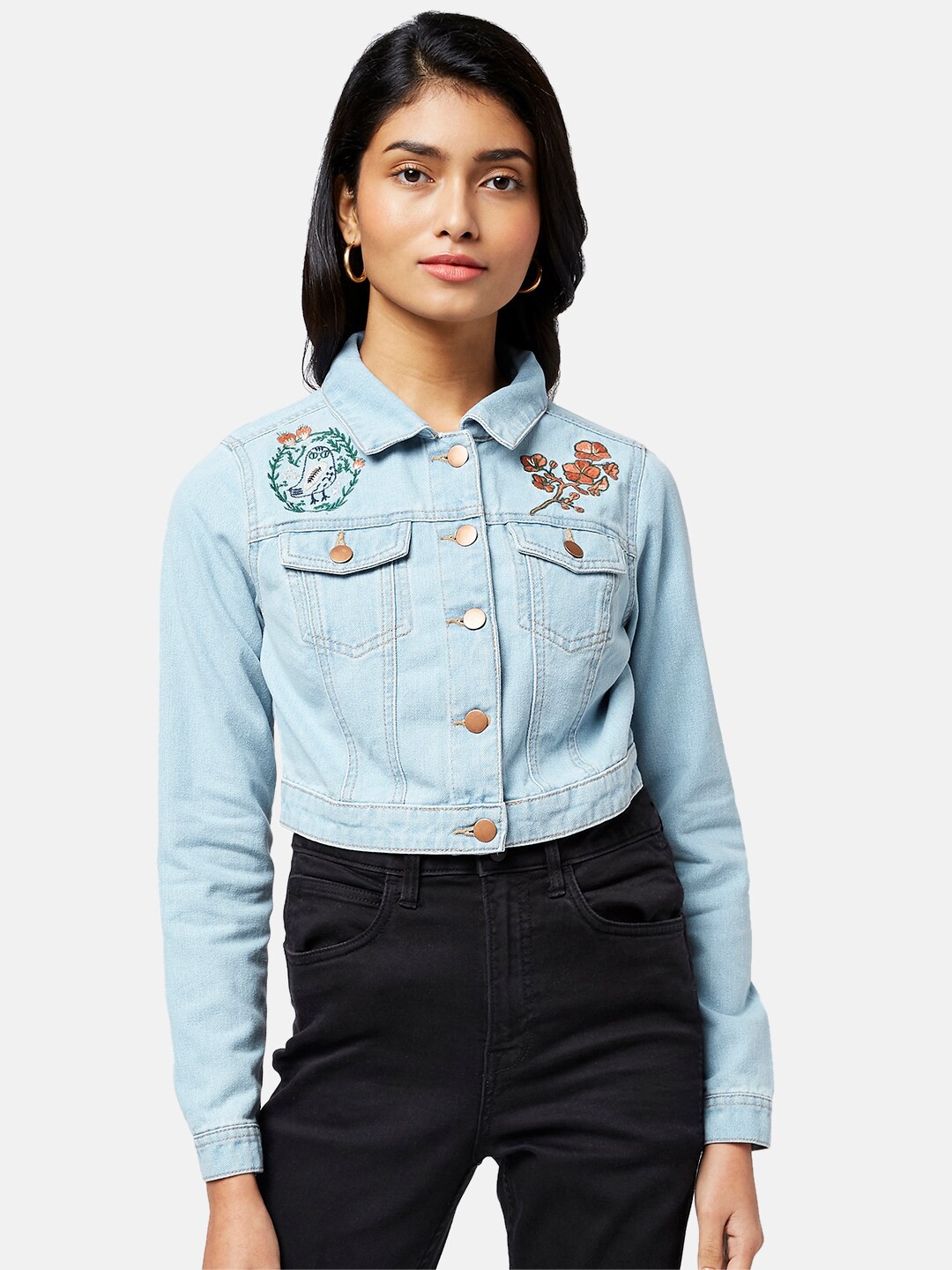 

Honey by Pantaloons Women Blue Orange Floral Crop Denim Jacket