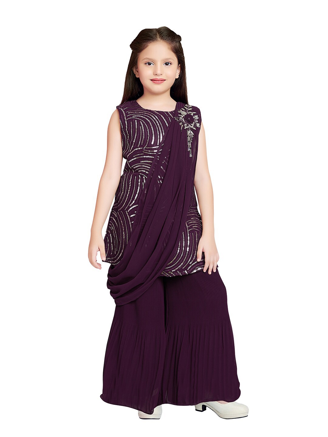 

BETTY Girls Burgundy & Silver-Toned Embellished Palazzos