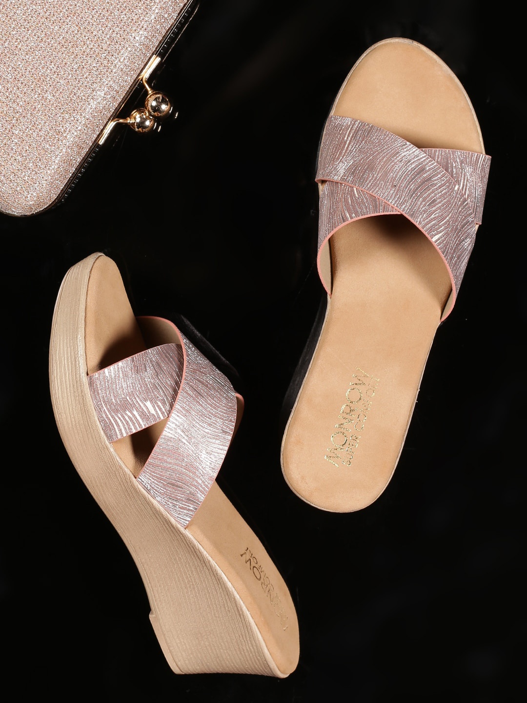 

Monrow Women Peach Embellished PU Party Wedge Sandals