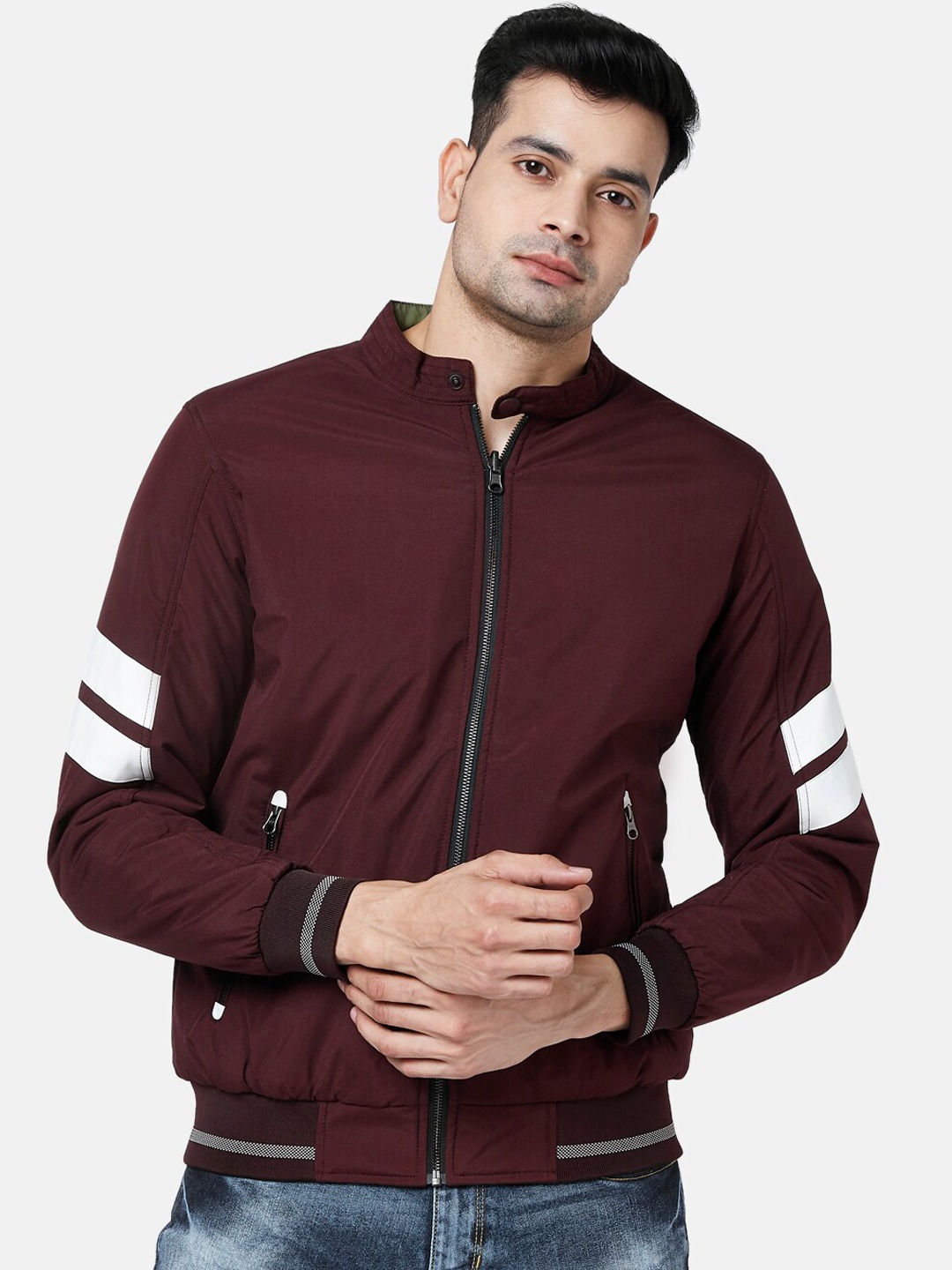 

People Men Maroon White Striped Bomber Jacket