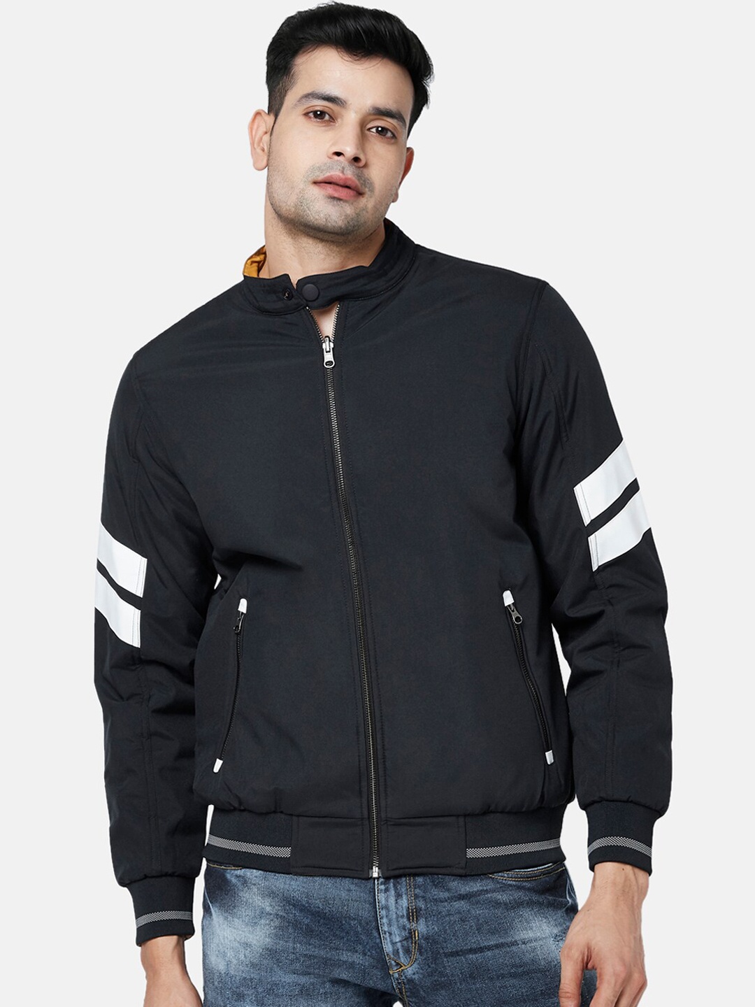 

People Men Navy Blue White Striped Bomber Jacket