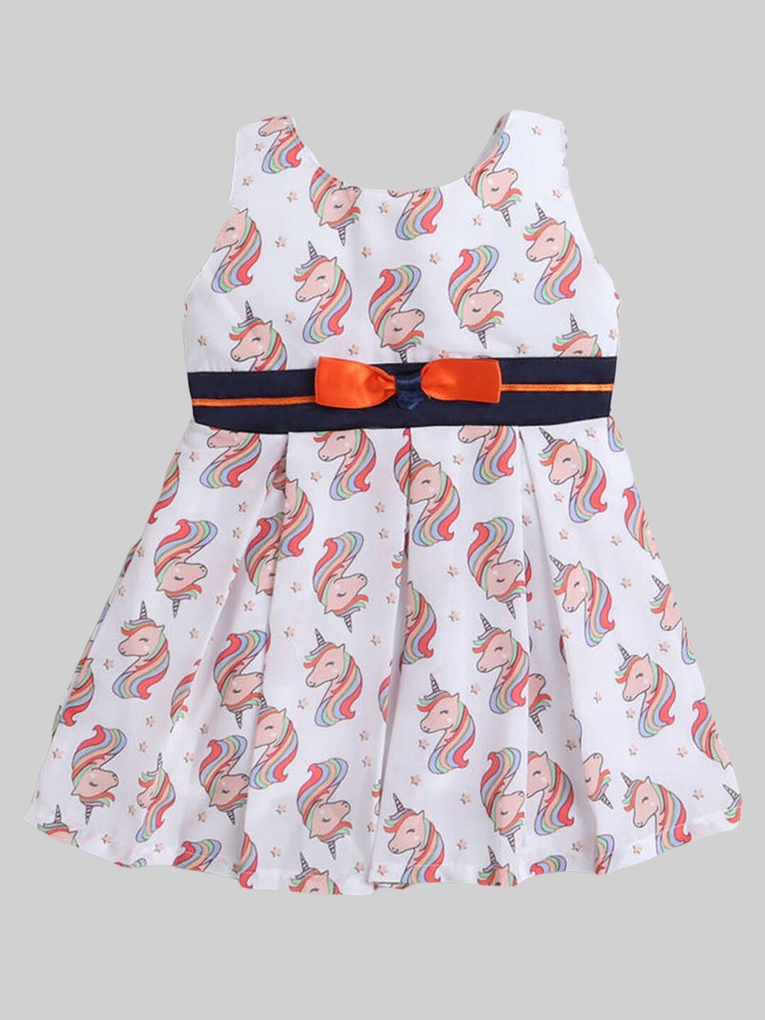 

The Magic Wand Girls Peach & White Printed Sleeveless Dress With Contrast Bow