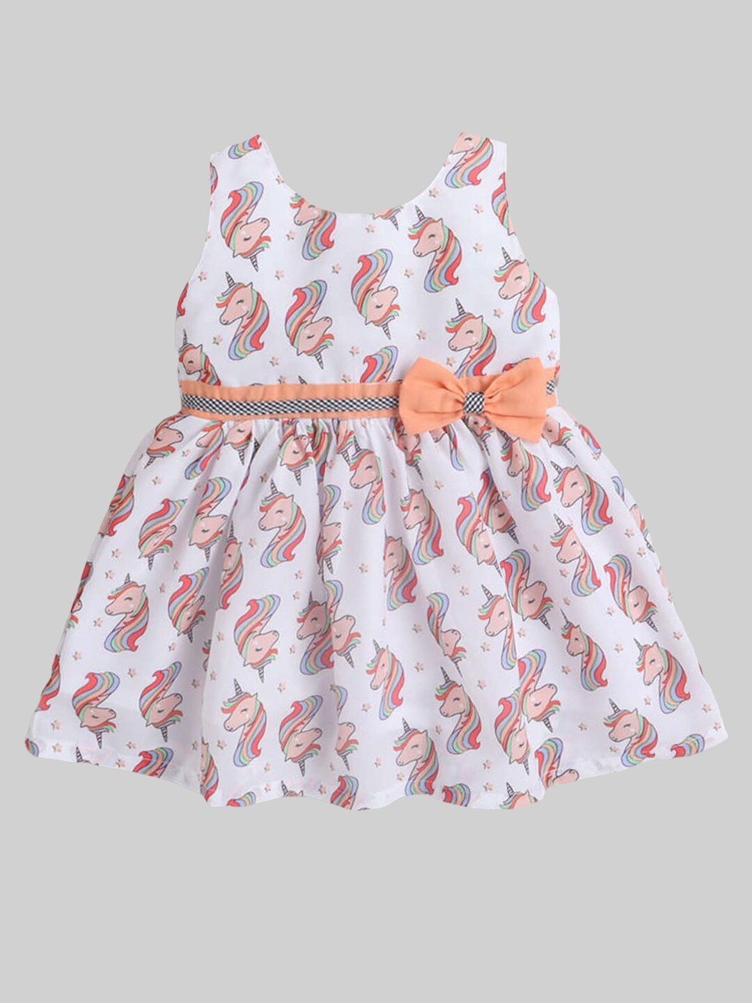 

The Magic Wand Girls Peach-Coloured & White Unicorn Printed Cotton Dress