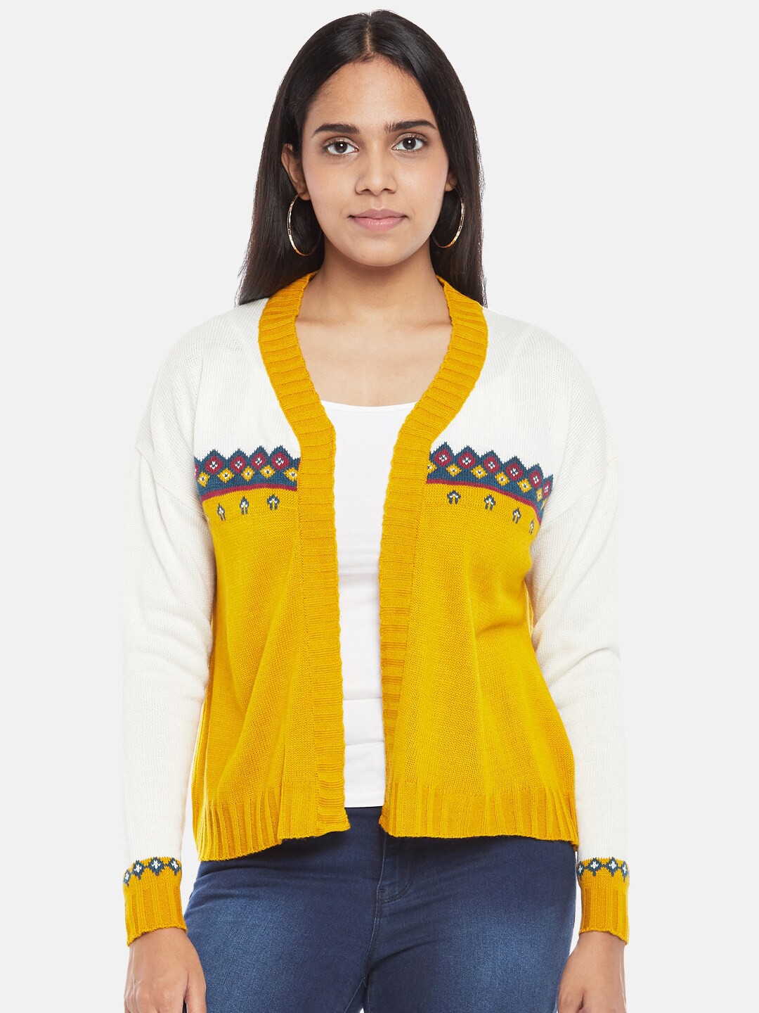 

People Women Mustard White Acrylic Crop Tailored Jacket