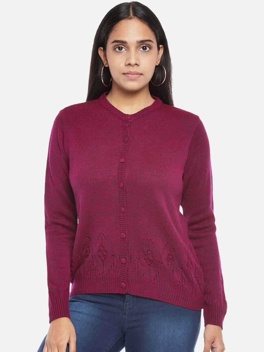 

People Acrylic Round Neck Cardigan, Magenta