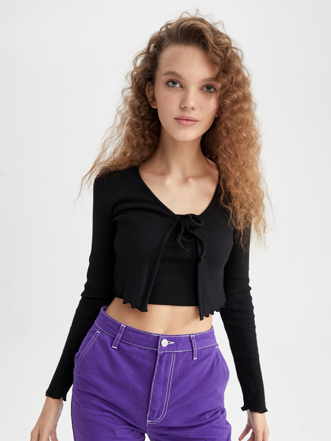 

DeFacto Women Black Ribbed Crop Cardigan