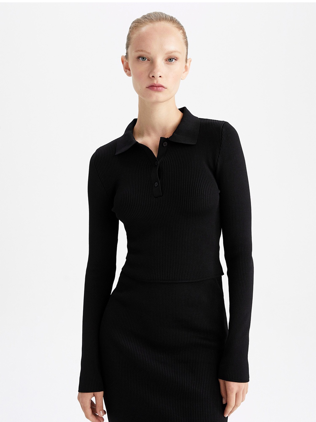 

DeFacto Women Black Ribbed Longline Pullover