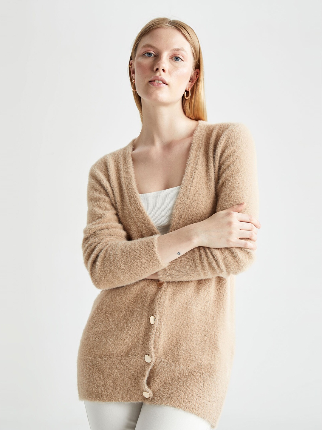

DeFacto Women Beige Polyester PU Coated Cardigan