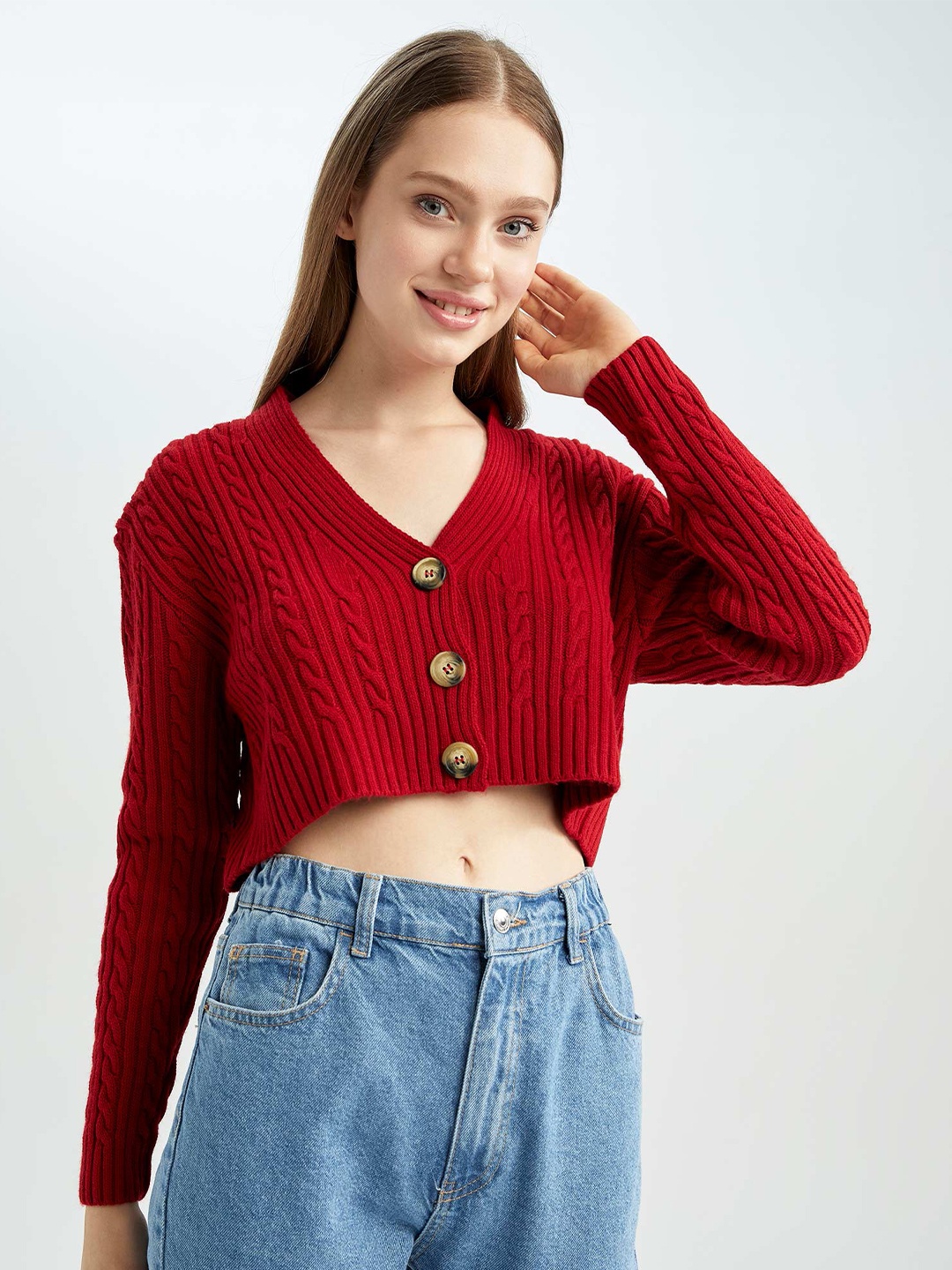 

DeFacto Women Red Cable Knit Crop Cardigan