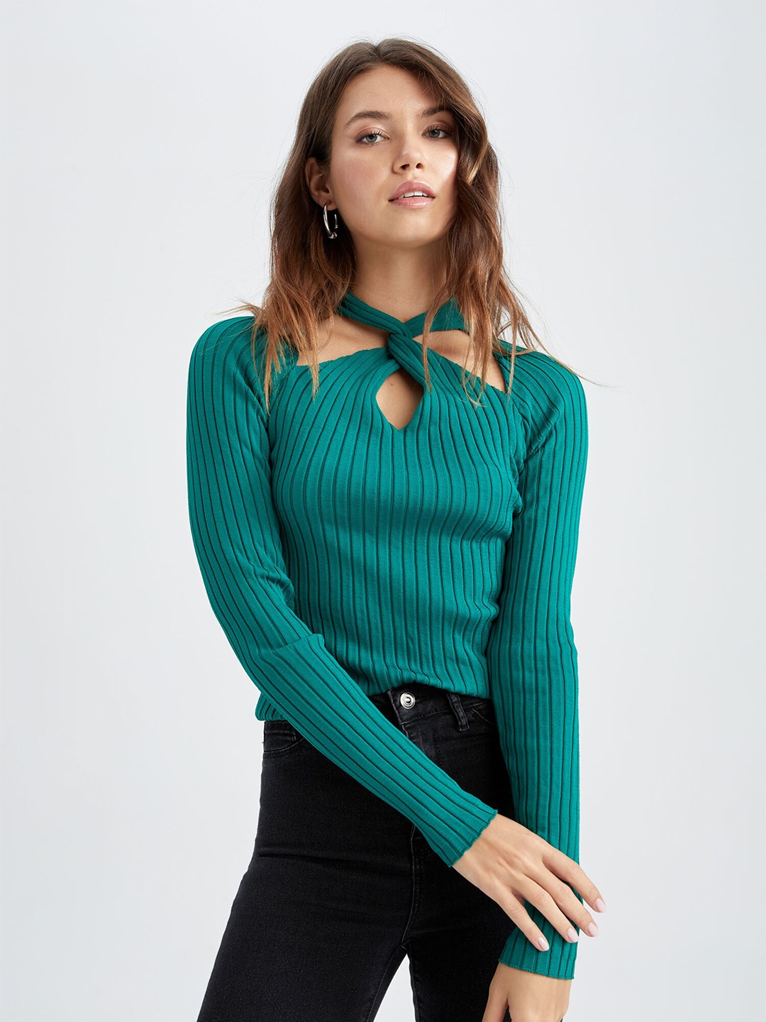 

DeFacto Women Green Ribbed Pullover