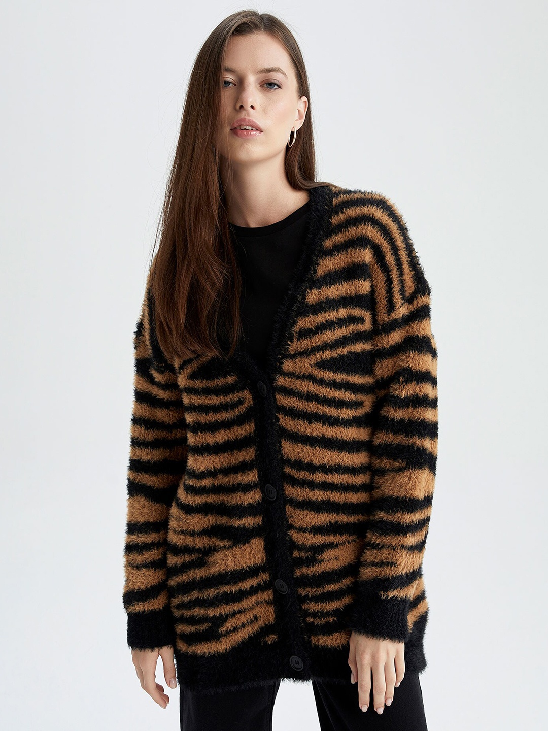 

DeFacto Women Black & Brown Animal Printed Cardigan