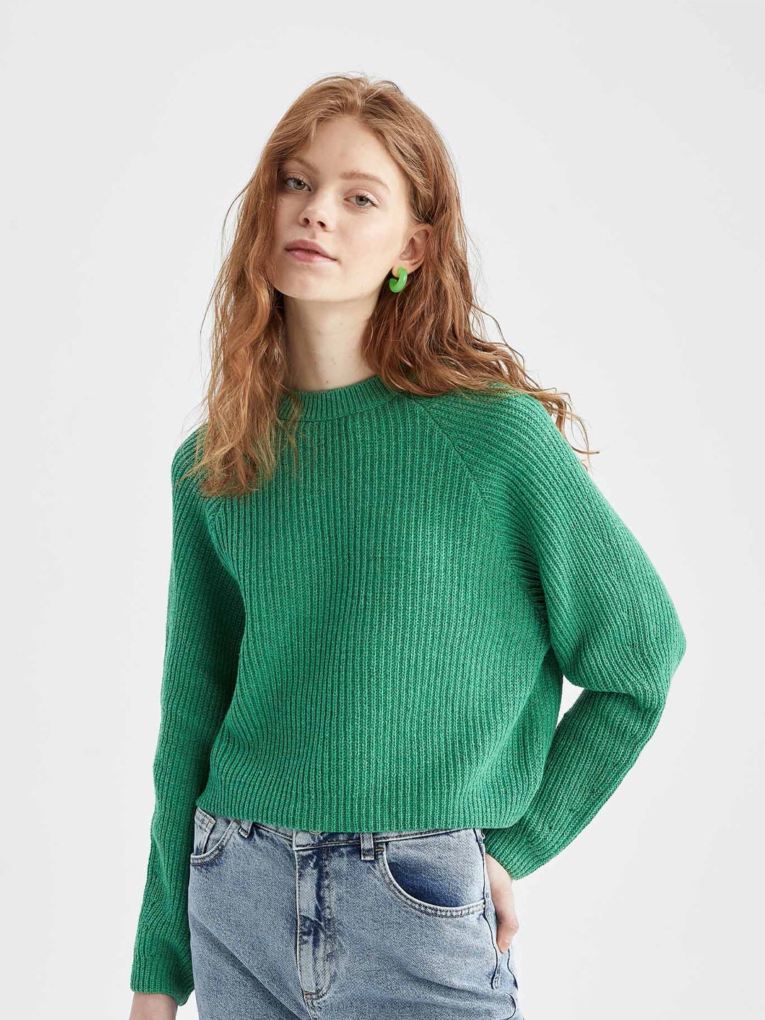 

DeFacto Women Green Ribbed Crop Pullover