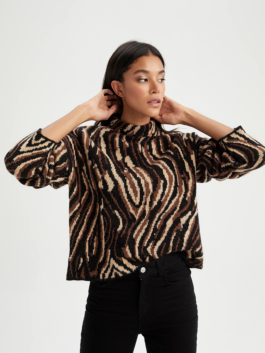 

DeFacto Women Black & Brown Animal Printed Crop Pullover