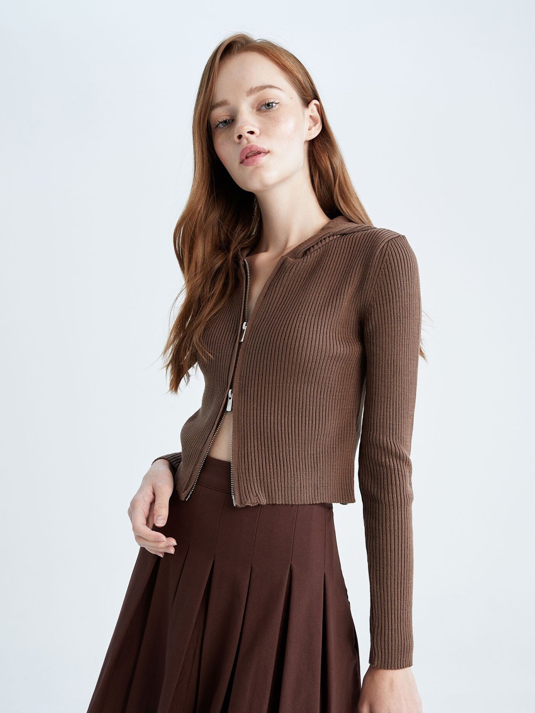 

DeFacto Women Brown Hooded Crop Cardigan