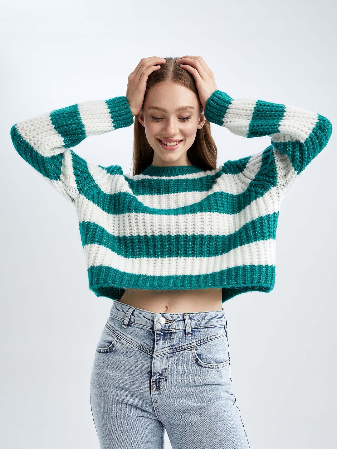 

DeFacto Women Green & White Striped Striped Pullover