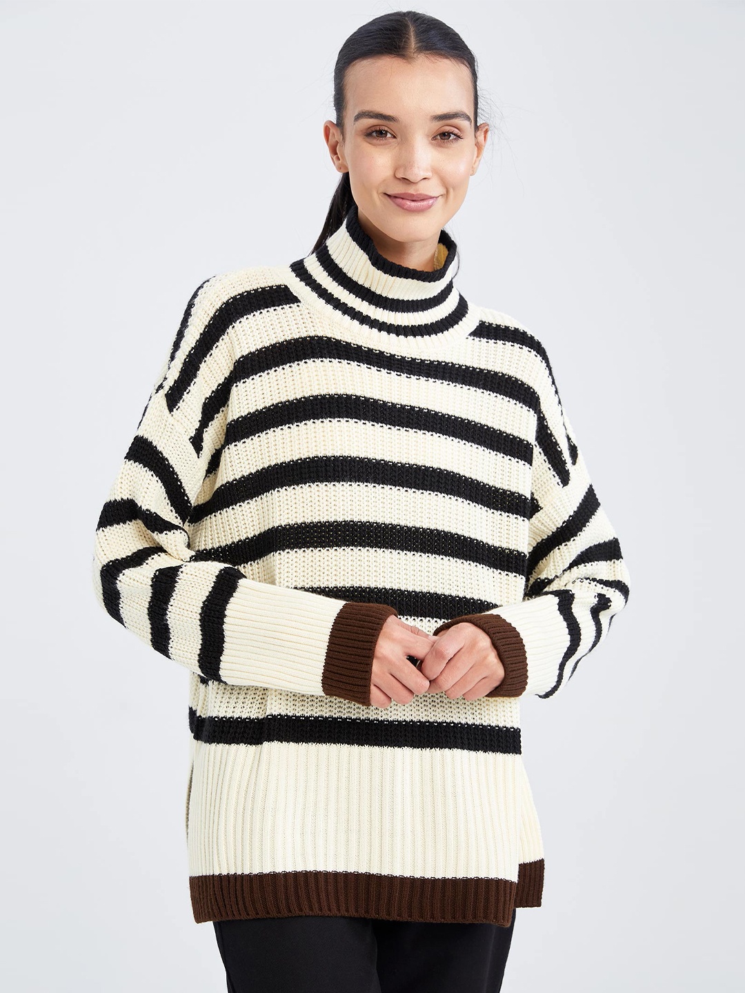 

DeFacto Women White & Black Striped Striped Pullover