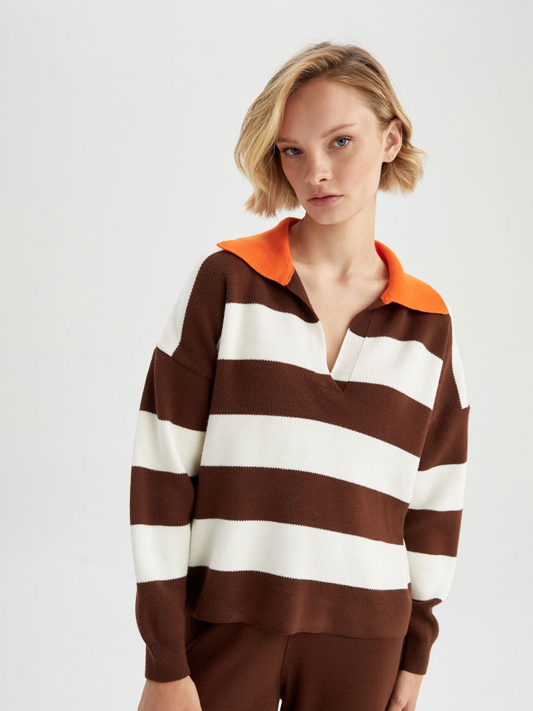 

DeFacto Women Brown & White Striped Striped Pullover