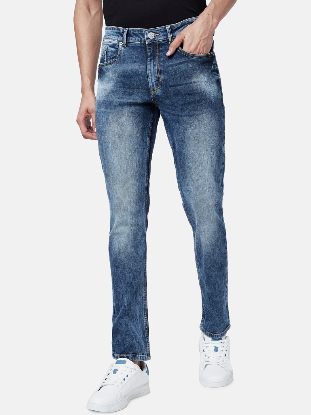 

People Men Blue Slim Fit Mildly Distressed Heavy Fade Cotton Jeans