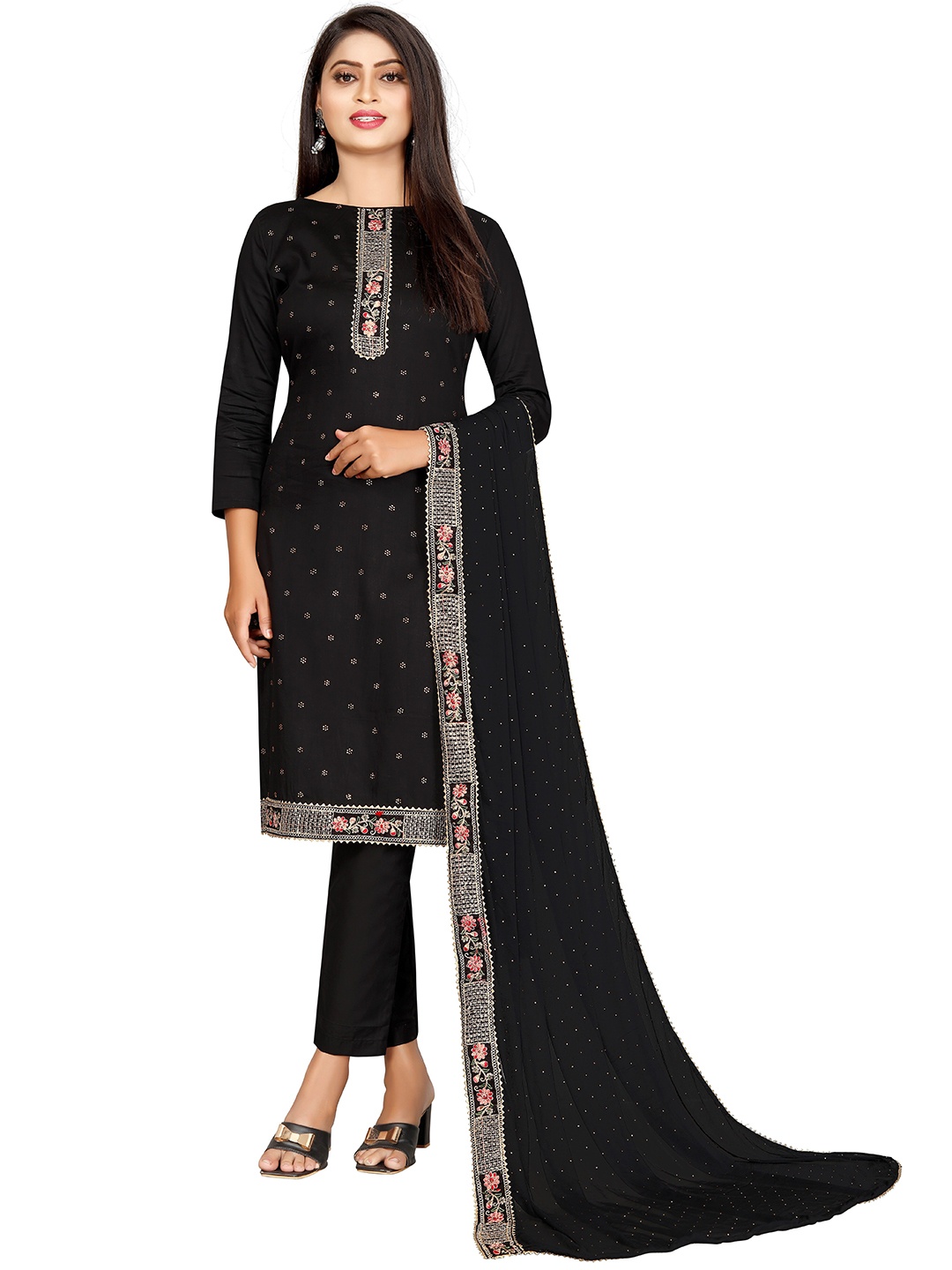 

Leelyfab Women Black & Gold Embroidered Semi-Stitched Dress Material