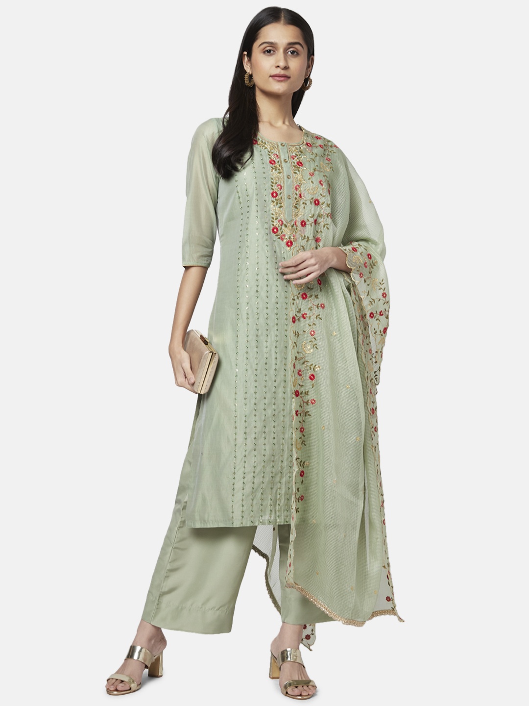 

RANGMANCH BY PANTALOONS Women Sea Green Embroidered Kurta with Palazzo & Dupatta Set