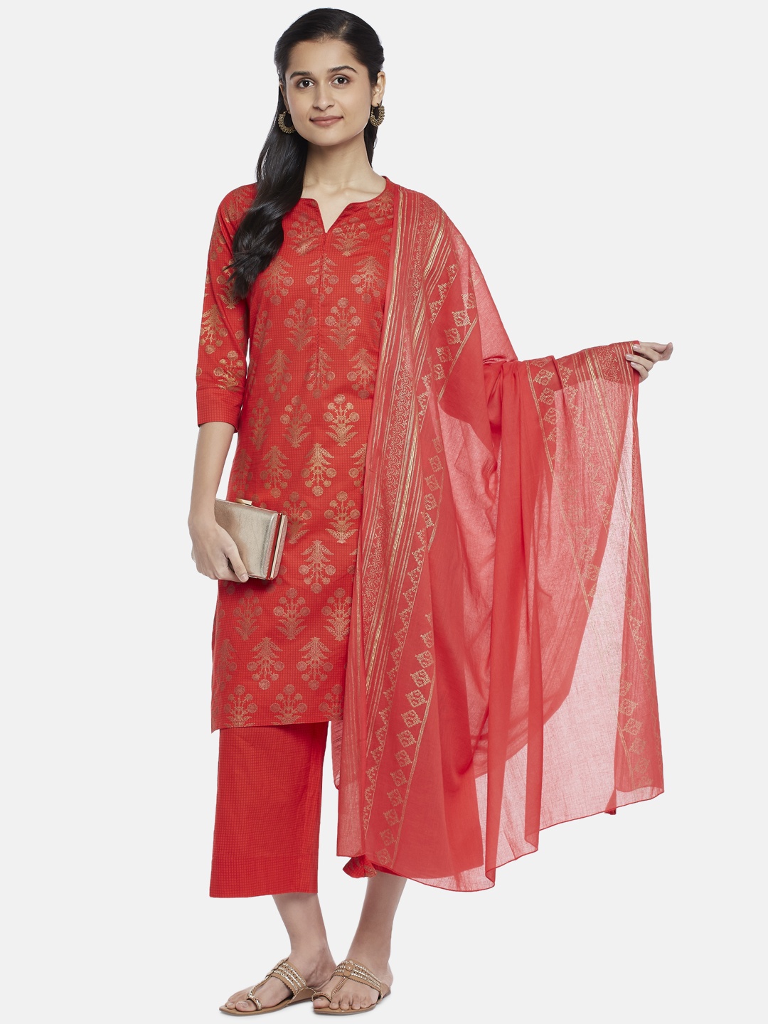 

RANGMANCH BY PANTALOONS Women Coral Printed Pure Cotton Kurta With Trousers & Dupatta